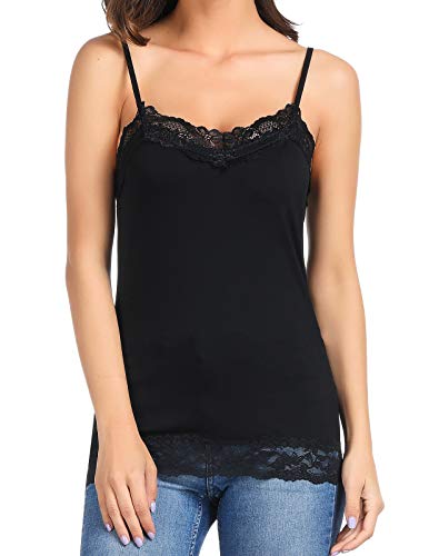 Women's Adjustable Bottom Lace Long Cotton Cami Tops (M,2 Pack Black And Black) #TOP5