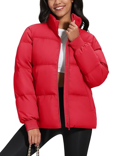 MAGCOMSEN Women's Puffer Coat Short Baggy Long Sleeve Down Jacket Water-resistant Casual Outerwear with Pockets Red M