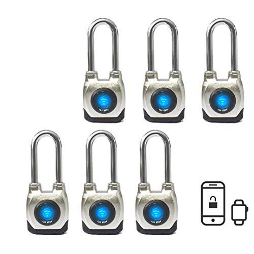 eGeeTouch 4th GEN. Outdoor Smart Padlock, Weatherproof, Bluetooth + NFC, (Long Shackle) … (6 Pack)