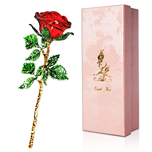 SWEETIME Kristall Rote Rosen mit Geschenkbox,Ewige Rosen, Rot glasrosen Figur für Frauen zum Geburtstag, Muttertag, Hochzeit, Jahrestag, Weihnachten.