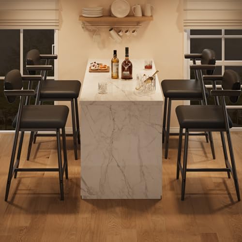 Image of GarveeHome Bar Stools Set of 6 with Arms, 26 inch Modern 6-Piece Counter Height Metal Barstools Set with Back & Footrest, Upholstered Wider Seat, Sturdy Frame, for Counter Bar, Kitchen Island, Retro Black