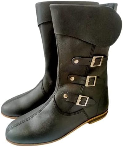 Generic Medieval Leather Boots 3 Buckle | Renaissance Inspired Loafer Boot| Halloween Pirate Captain Boot| Re-Enactment Viking Mens Shoes| SCA LARP Riding Costume Boot for Cosplay SIZE 9, As Show