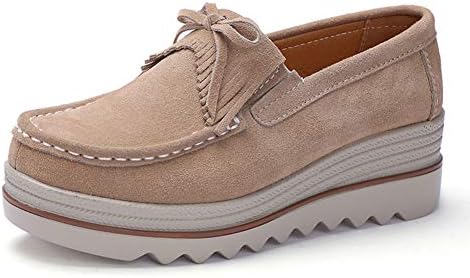 Ruiatoo Women Platform Slip On Loafers Comfort Genuine Suede with Tassel Wedge Shoes Low Top Moccasins Khaki 37