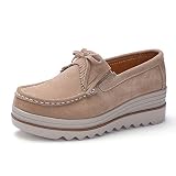 Ruiatoo Women Platform Slip On Loafers Comfort Genuine Suede with Tassel Wedge Shoes Low Top Moccasi