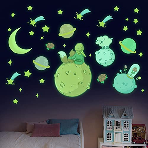 KAIRNE Sticker Muraux Le Petit Prince Fluorescente,Motif planète Autocollant Mural Lumineux ,Conte De Fées Décoration Murale Pépinière Chambre Bébé Enfant Garderie,Autocollants Muraux Enfant