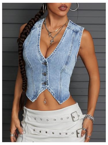 Floerns Women's Going Out Denim Vest Sleeveless Button Up V Neck Y2k Crop Tops4