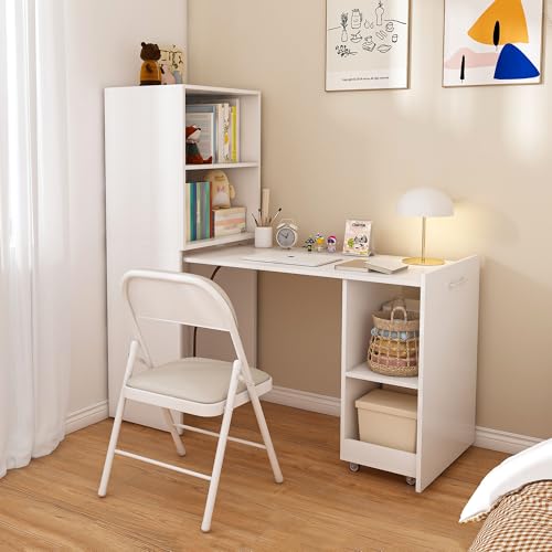 HRVEOCEI Bamboo Fold Out Desk with Storage, Mid Century Hideaway Desk for Small Spaces, Folding Computer Desk for Home Office Bedroom Apartment, Space Saving (White)