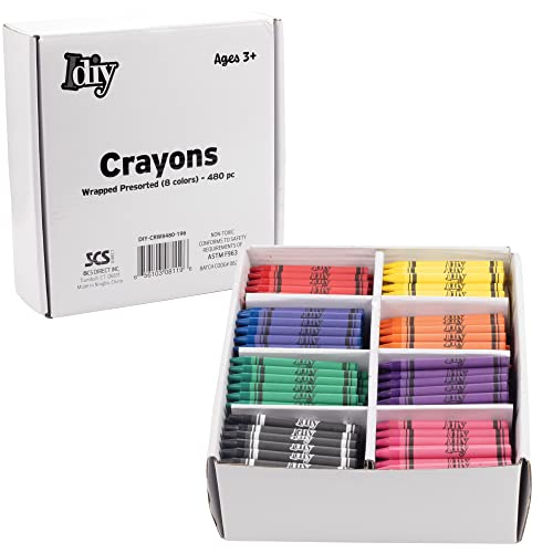 IDIY Wrapped Bulk Wax Crayons 480 Count, 8 Colors, 60 each