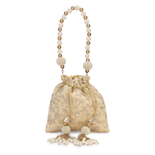 Image of LONGING TO BUY Indian Embroidered Pearl Potli Bag For Women, Sequence Design with Tassel, Wedding Potli Bags