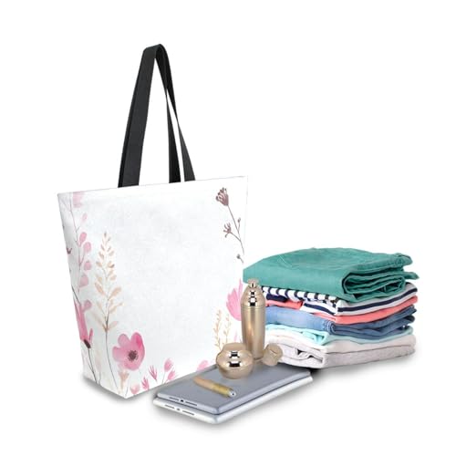 Extra Large Shoulder Tote Bag for Beach Travel Weekender Gym Watercolor Wildflowers Pink Flowers Reusable Grocery Canvas Shopping Bag3