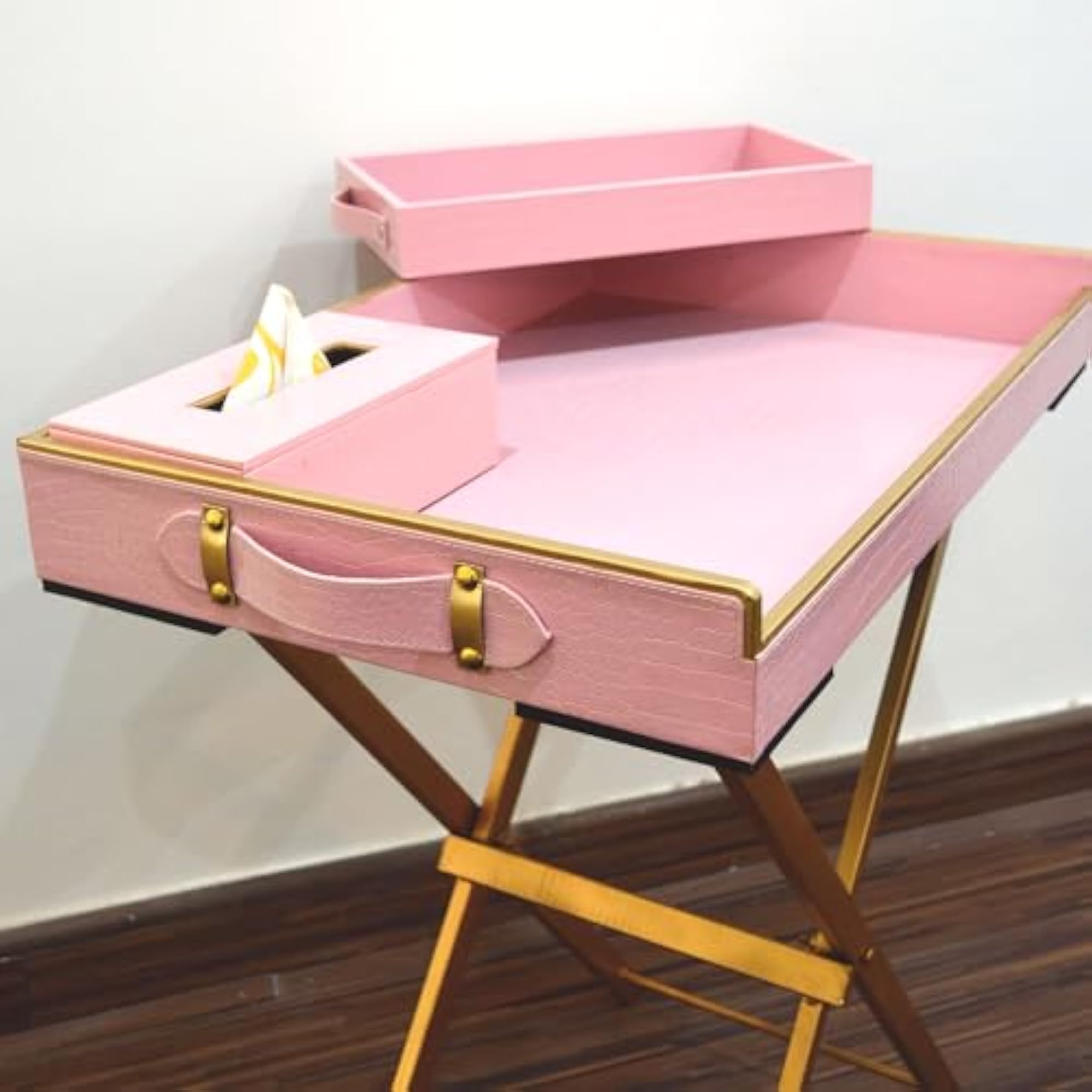 Leather Tray Table with Metal Stand, Serving Tray