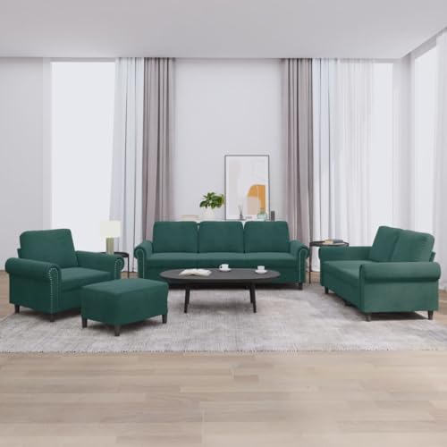 vidaXL Sofagarnitur 4-TLG., Sessel Couch mit Kissen Fußhocker, Sofa Wohnzimmersofa mit Armlehnen, Couchgarnitur Designsofa Sitzmöbel Polstermöbel, Dunkelgrün Samt – Bild 3