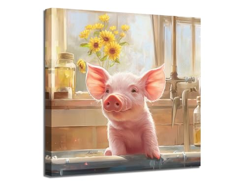 Ardemy Animal Painting Pig Pink Canvas Wall Art Cute Bathroom Picture Prints cover