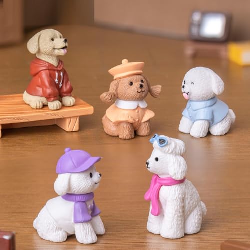 KARLOR Mini Hunde Figuren Set, 6 Stück Welpen Figur, modische Welpen in süßer Kleidung,Teddy Golden Retriever Bichon Malteser Haustiere Figur Tier-Ornamente Sammlungsstück Geschenk Desktop Deko