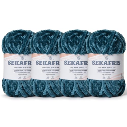 Image of Chenille Velvet Soft Yarn Sapphire Blue 4 Pack | 400g /196.8yds Fuzzy Chunky Chenille Yarn for Crocheting Plush Yarn for Hand Knitting Amigurumi Fluffy Yarn