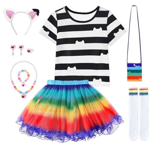 Vestido Tutú arco-íris para meninas, disfarce para meninas com conjunto de t-shirt temática de gato, colar e saco, vestido de princesa para o Halloween aniversário carnaval cosplay (110)