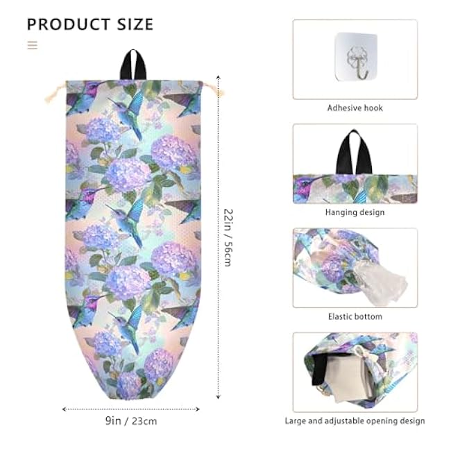 Plastic Bag Holder Grocery Bags Organizer Dispenser Storage Hummingbird Hydrangea for Kitchen Wall Mount