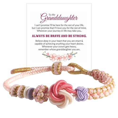 For Granddaughter - A Link That Can Never Be Undone Peach Blossom Knot Bracelet, Granddaughter Bracelet from Grandma Always Be Brave And Be Strong Adjustable Braided Bracelets for Women Jewelry
