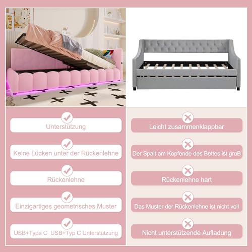 HYUB Polsterbett 90x200 cm, Tagesbett Einzelbett mit Rückenlehne und Bettkasten, Hydraulisches Bett mit Beleuchtung und Lattenrost, für Schlafzimmer und Gästezimmer, Vliesimitat, Rosa – Bild 7