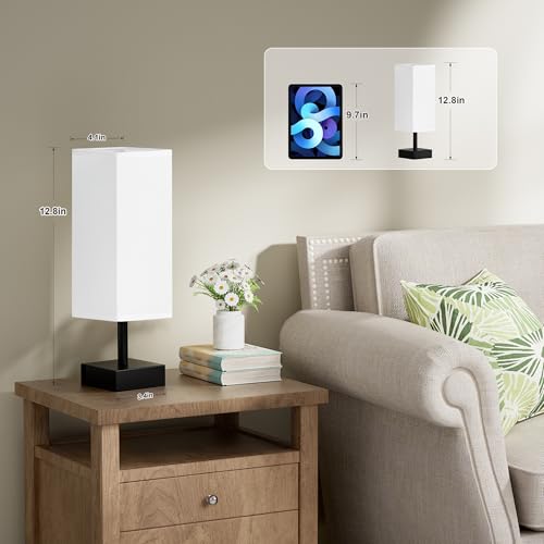 Image of aooshine Small Bedside Table Lamp for Bedroom - Square White Fabric Shade | Inline Rocker Switch, Corded Electric, Bulb Not Included, 12.8 inch Mini Table Lamp for Nightstand, Desk, Dorm, Office