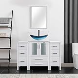 eclife 48' Modern Bathroom Vanity Sink Combo Freestanding Cabinet with Small Side Cabinet, Blue Boat Glass Vessel Sink, Water Save Faucet, Drain (White+A29BU)