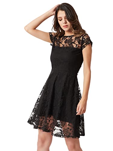 Miss Chase Women's Designer Black Round Neck Cap Sleeves Lace Solid Embellished Mini Skater Dress With Zip Closure(Mcaw18D10-94-62-02, Black, X-Small)
