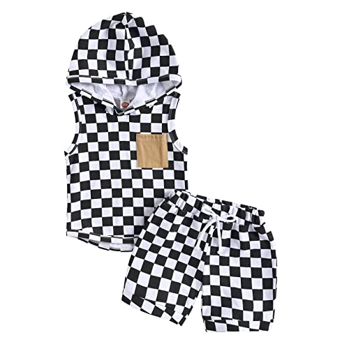 Image of AEEMCEM Toddler Baby Boy Summer Outfit Checkered Sleeveless Hooded Tank Tops Drawstring Shorts Set 2Pcs Summer Clothes (Black, 12-18 Months)