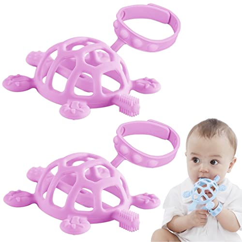 Image of GOQELK Baby Teething Toys-Baby Teether,Baby Teethers 3-24 Months,Teething Mittens with Anti-Drop,Teethers Turtle with Three Shapes for Stimulates and Soothing-Silicone BPA Free | (Pack of 2)