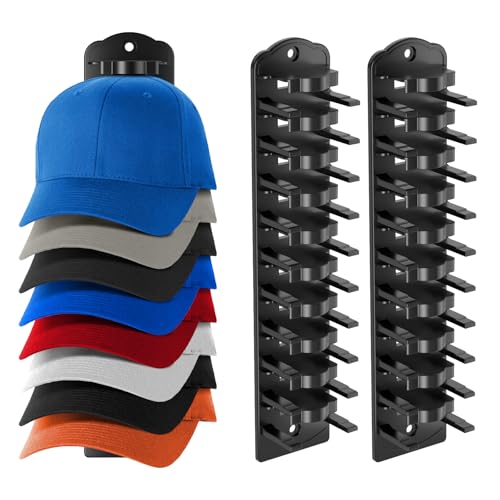 KEAMIMU Hat Stand for Baseball Caps Hat Organizer for Baseball Caps ，Hold up to 20 Hats ，hat stand wall mounted Strong Adhesive Hat Hanger ，Hat Racks (Black-2pcs)