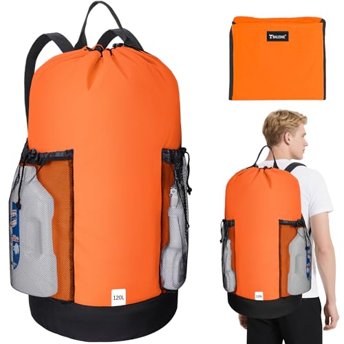 BALEINE 120L Laundry Bag Backpack, 900D Oxford Fabric Large Travel Laundry Bags with Shoulder Straps and 2 Mesh Pockets for College Dorm, Apartment, Laundromat (Orange, 120L)