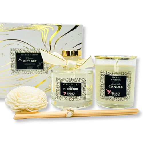 Moira’s Bazaar Elysian Essence Aromatherapy Gift Set – Luxury Candle and Flower Reed Diffuser – Perfect Scented Gift for Housewarming & Holidays – Elegant Home & Bath Décor (Secret Garden)