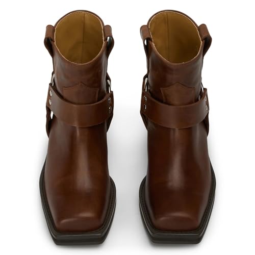 Ankle Boots for Women, Buckle Hardware Biker Boots with Square Toe Chunky Heel Slip On Fashion Engineer Boots4