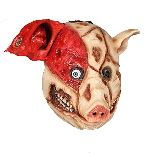 Torn Pig Mask Scary Animal Full Head Mask Bloody Butcher Headwear for Carnival Masquerade Halloween Costume Cosplay Props (Red)