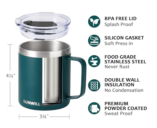 Image of SUNWILL 14oz Insulated Stainless Steel Reusable Coffee Mug, Double Wall, Powder Coated Forest Green