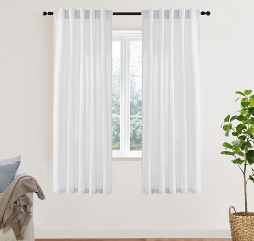 Image of White Sheer Curtains 72 Inches Long for Living Room Bedroom,Linen Cotton Textured Back Tab Hooks Pleat Semi Privacy Light Filtering Sidelight French Door Curtain Drapes 72 In Length 2 Panels Set