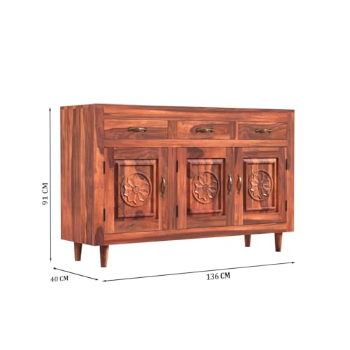Image of Solid Sheesham Wood Sideboard Cabinet Storage with 3 Door & 3 Drawer Wooden Storage Organizer Cabinet for Home Kitchen Living Room Bedroom Hallway Dinning | Natural Honey Finish | Pre-Assembled