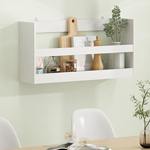 Image of Furinno HERMITE Floating Nursery Book Shelves for Wall, White | Rectangular Shelf with Guard Rail, Floating Shelf, Wall Mounted Shelves, for Bathroom, Bedroom, Living Room, Home Office