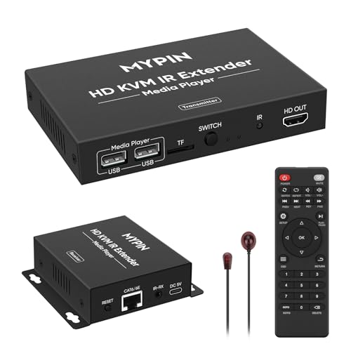 1080P HDMI KVM Extender Over Cat 6/7/8 Cable up to 492 ft, HD Digital Media Player for USB Drives,HDMI Extender with 3.5mm Audio & Loop Out, Supports IR Remote, Support for One to Many Conne