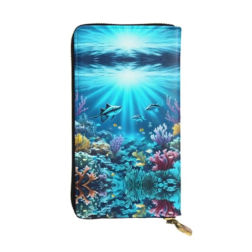 Submarine Coral Rays Leather Long Wallet, 12 Credit Card Slots, 3 Cash Slots, Coin Compartment, Unisex