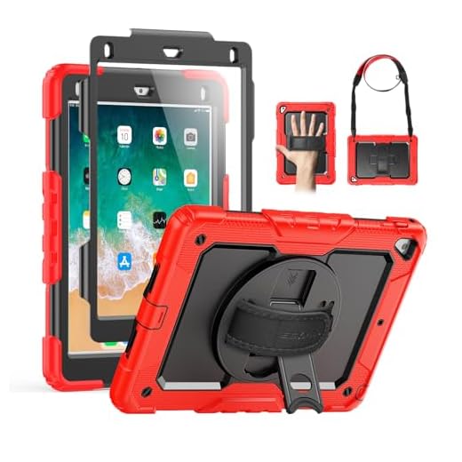 SEYMAC iPad 6th/5th Generation Case 9.7 Inch, Full-Body Shockproof Heavy Duty Protective Case with Screen Protector, Rotating Stand/Handle/Shoulder Strap for iPad 6th/ 5th Gen/Air 2/ Pro 9.7, Red
