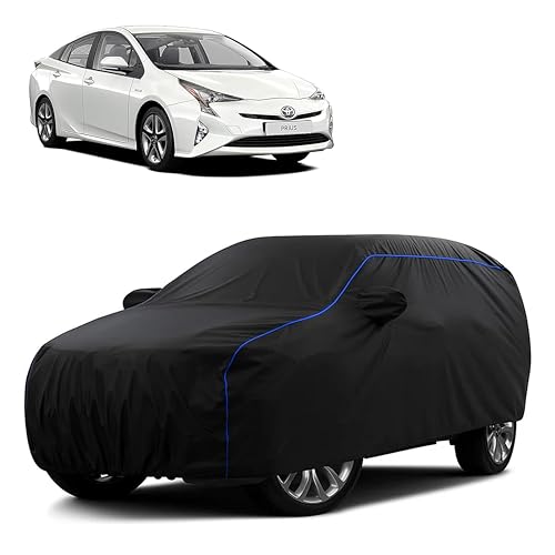 Image of Sulfar 100% Water Resistant Car Body Cover Compatible with Mirror for Toyota Prius (Triple Stitched, Full Bottom Elastic, Black Tafetta with Blue Piping)