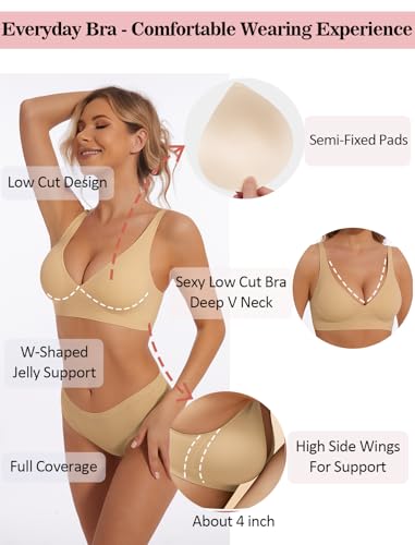 Image of Deep V Bra Wireless Sexy Push Up Bralette Padded Seamless Jelly Bra | Low Cut Plunge V-Neck, Wide Straps, Back Smoothing, Bras for Women No Underwire, Soft Comfortable Bralettes
