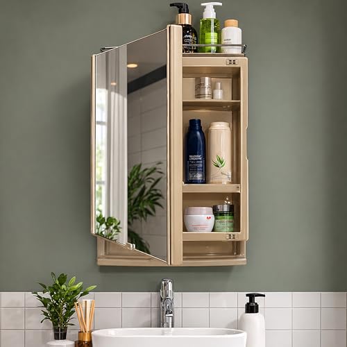 Image of JD FRESH Unbreakable Bathroom Cabinet with Mirror /Wall Mount Mirror Cabinet for Wash Basin /Bathroom Organizer Cabinet /Multipurpose Wall Storage Organizer /Decorative Prime Look (Golden)