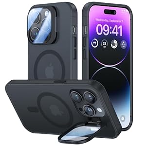 for iPhone 14 Pro Max Case with Camera Cover Stand [Built-in 9H Camera Lens Protector][Fit for Magsafe] Military Grade Shockproof Translucent Matte Magnetic Phone Case 6.7″, Black