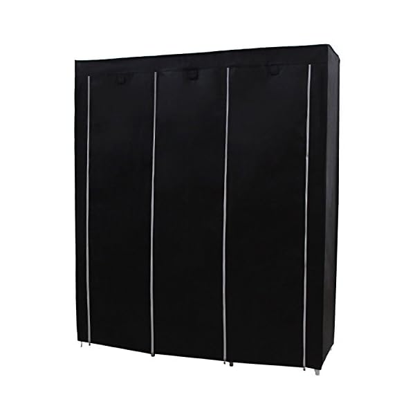 BLACK TRIPLE CANVAS CLOTHES WARDROBE CUPBOARD HANGING RAIL STORAGE WITH 11 SHELVES - 175 x 150 x 45cm ALSO AVAILABLE IN BEIGE AND RED. - Image 4