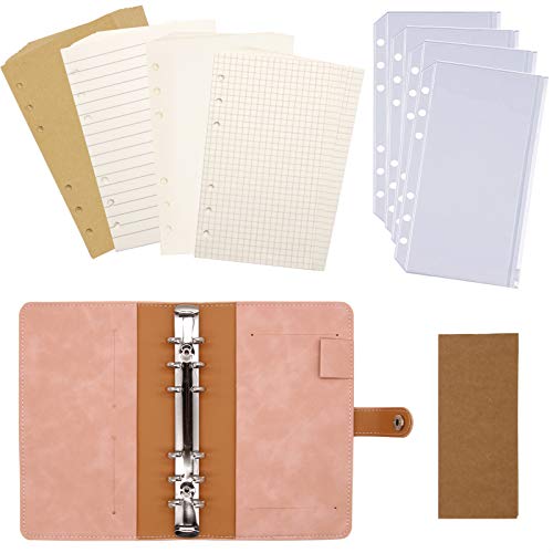 Cosylove Leather Binder Pockets,6-Ring Plastic Clear Binder Envelopes Journal Refillable Notebook,Travel Diary and Journals to Write in,with Binder Cover,Ideal Gift(Pink)