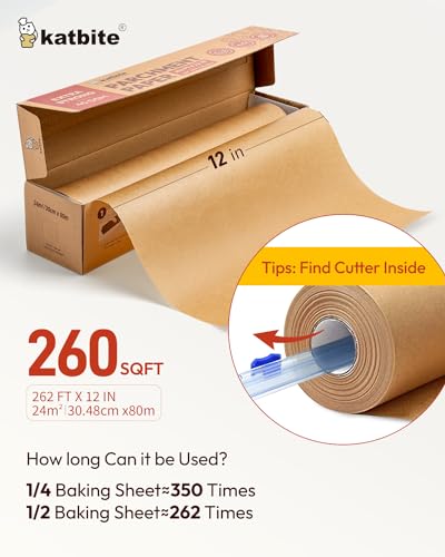 Unbleached Parchment Paper Roll for Baking 12in x 262ft, 260 Sq.Ft, Heavy Duty & Non-stick Baking Paper with Slide Cutter, Brown Parchment Paper for Cooking, Air Fryer, Steaming, Bread