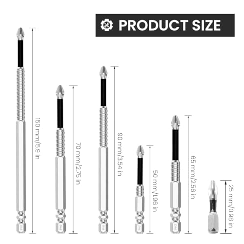 Image of Serplex 6PCS Magnetic Screwdriver Bit Set, Heavy Duty Alloy Steel, 1 /4 inch Hex Shank, Impact Resistant, 25 /50 /65 /70 /90 /150mm, Anti-Slip Cross Phillips Drill Bits for Electric Drills, & Professional Use