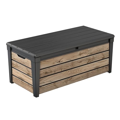 Keter Gartenbox Brightwood | 454 Liter, Holzoptik Pinie | Deckel mit Gasdruckfedern, bis 300 kg belastbar | wetterfest, wasserdicht, UV-resistent | Auflagenbox Kissenbox aus Kunststoff