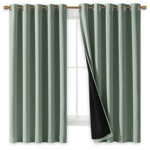 Image of NICETOWN Greyish Green 100% Blackout Lined Curtains, 2 Thick Layers Completely Blackout Window Treatment Thermal Insulated Drapes for Kitchen /Bedroom (1 Pair, 70 inch Width x 63 inch Length Each Panel)
